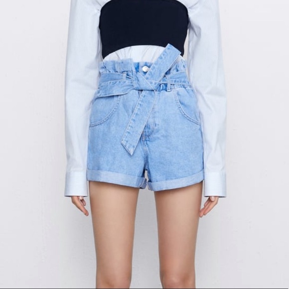 Zara Paperbag Denim Bermuda Shorts 